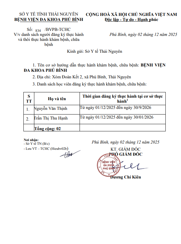 Đăng ký thực hành tháng 12. BVĐK Phú Bình