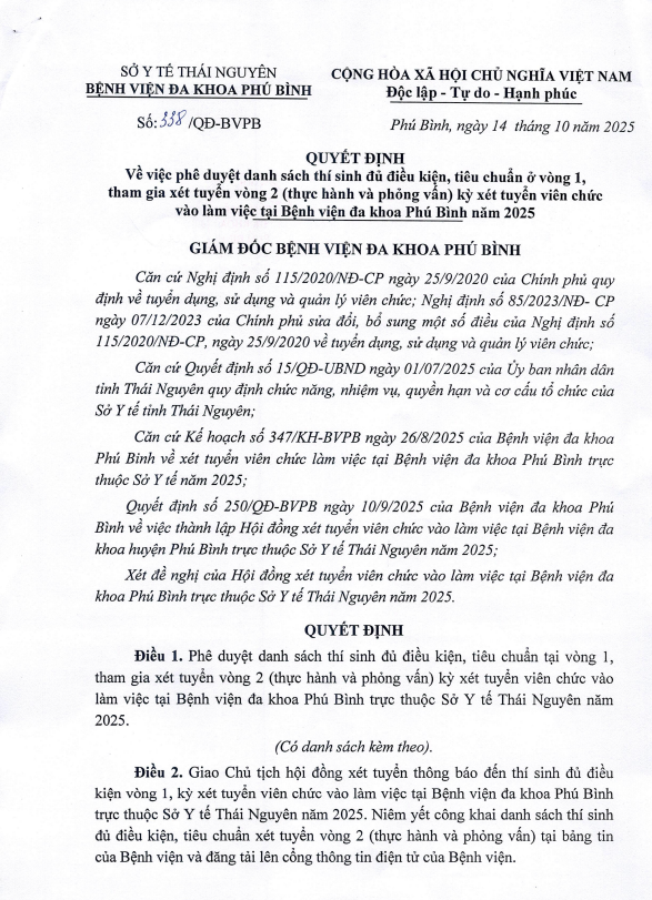 QUYẾT ĐỊNH Về việc phê duyệt danh sách thí sinh đủ điều kiện, tiêu chuẩn ở vòng 1, tham gia xét tuyển vòng 2 (thực hành và phỏng vẫn) kỳ xét tuyển viên chức vào làm việc tại Bệnh viện đa khoa Phú Bình năm 2025